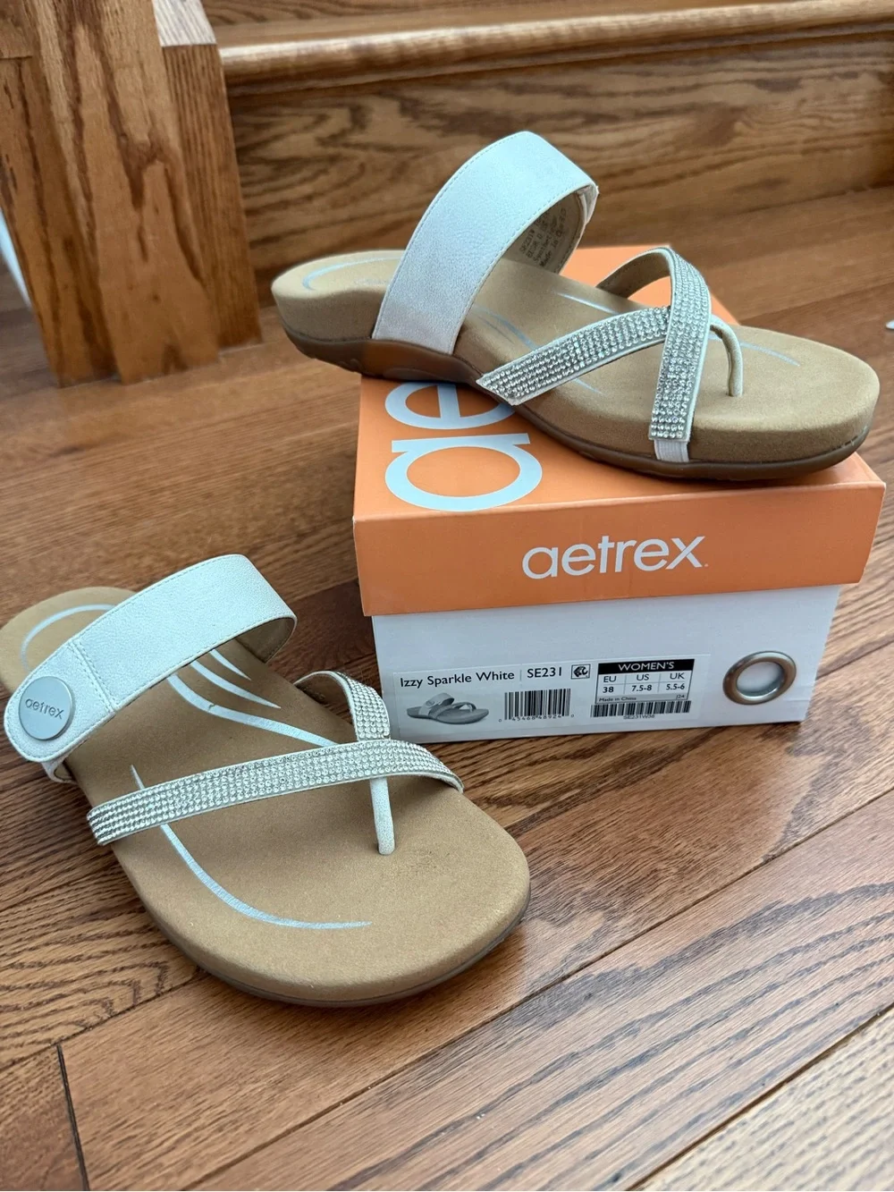 Aetrex Silver Metallic Leather Sandal with Rhinestone Straps